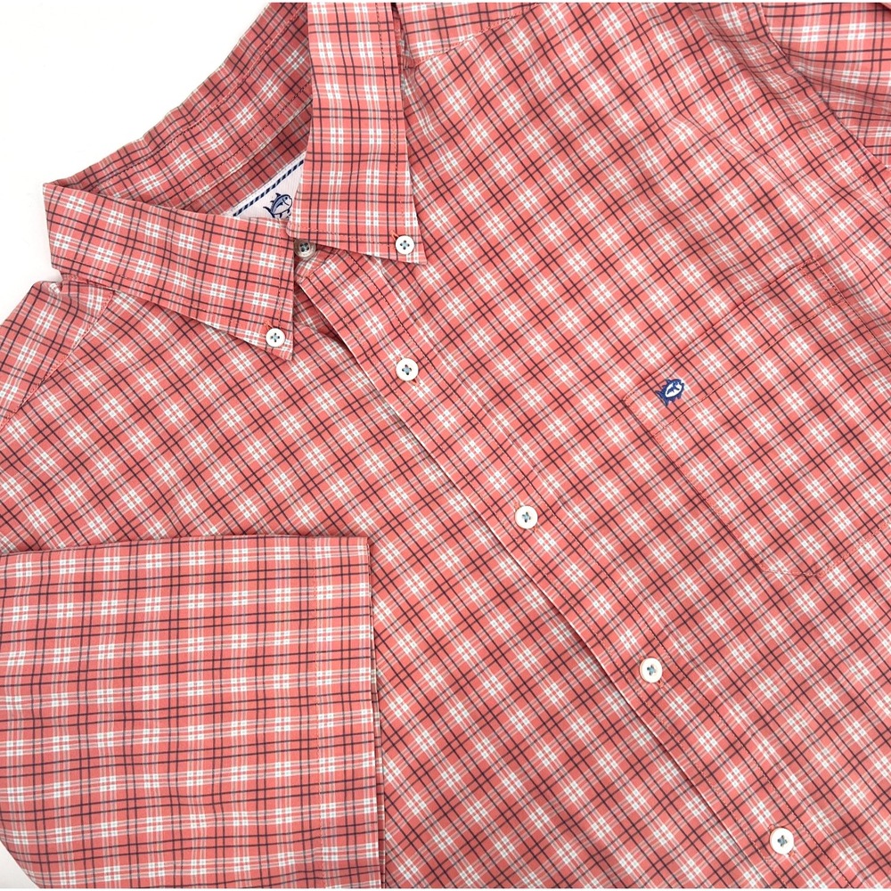 SOUTHERN TIDE Men's Size XL Salmon Plaid Short-Sleeve Button-Down Shirt Stretch